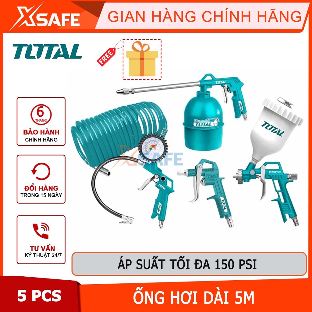 Bộ 5 công cụ dùng khí TOTAL TATK053-3, dụng cụ xịt hơi 5 chi tiết gồm dây hơi PU, súng thổi khí, súng phun sơn, bơm lốp
