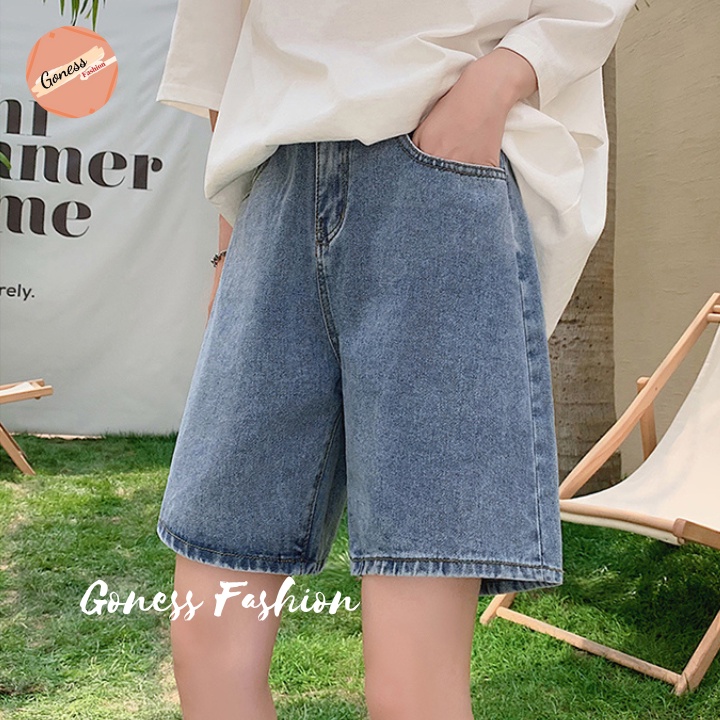 Quần short jeans nữ Goness cạp cao trơn màu xanh denim phong cách Hàn Quốc qs256