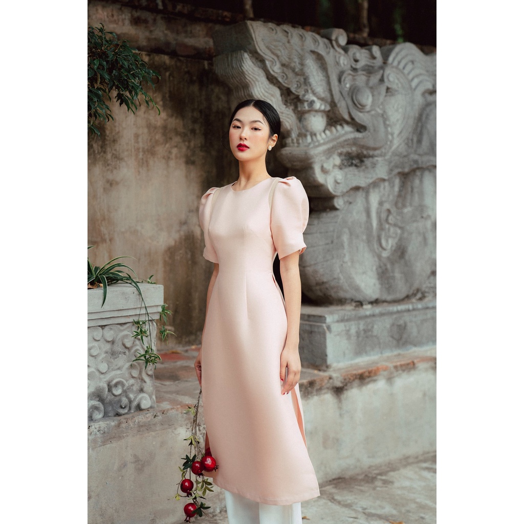 Áo dài cách tân cổ tròn vai xếp ly phối lưới ( không kèm quần) TIINSTORE  ACT123