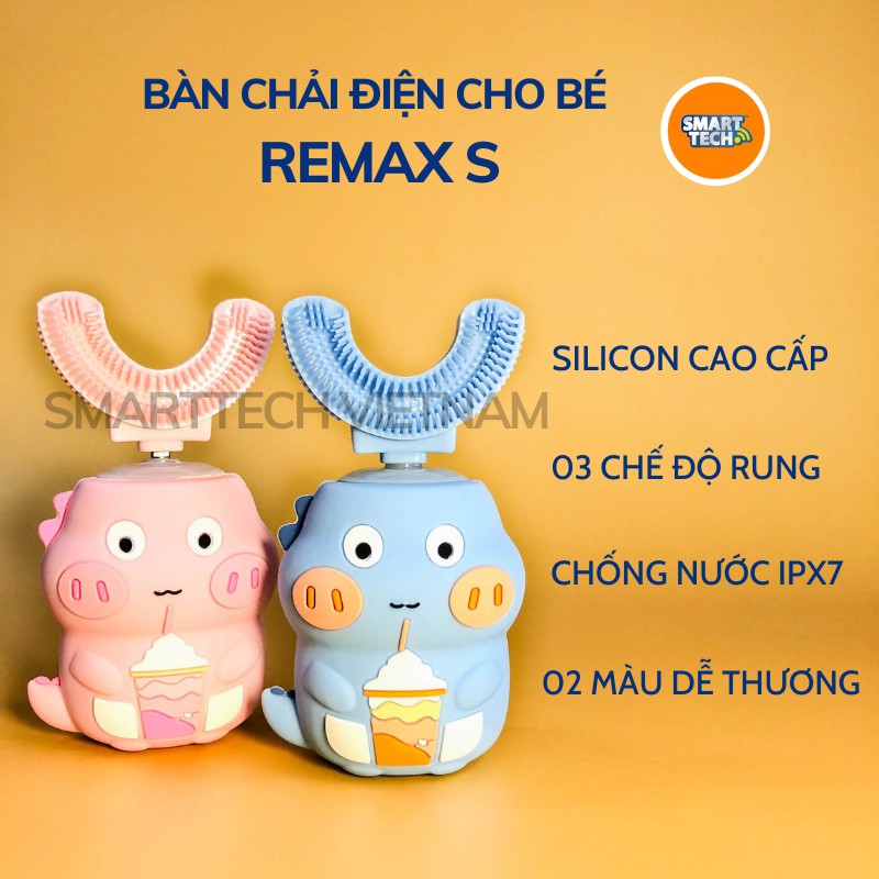 Bàn chải điện đánh răng cho bé Remax S, bàn chải tự động đầu chải chữ U silicon siêu mềm, phù hợp cho trẻ từ 2-9 tuổi