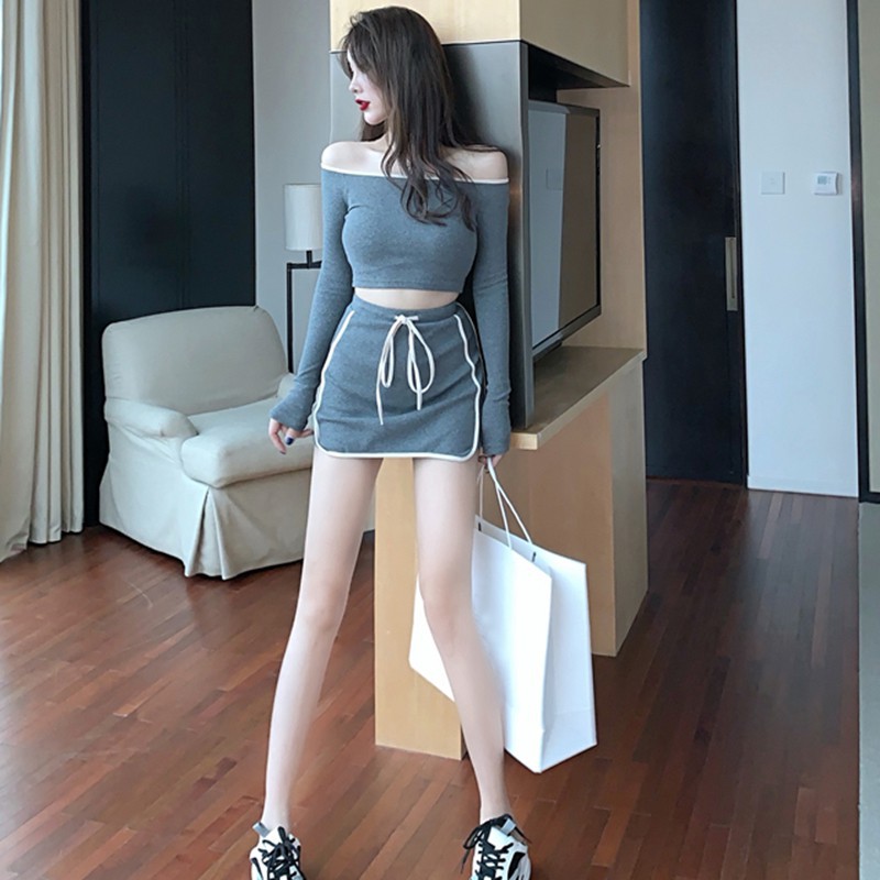 Set áo trễ vai tay dài + chân váy lưng cao thời trang nữ