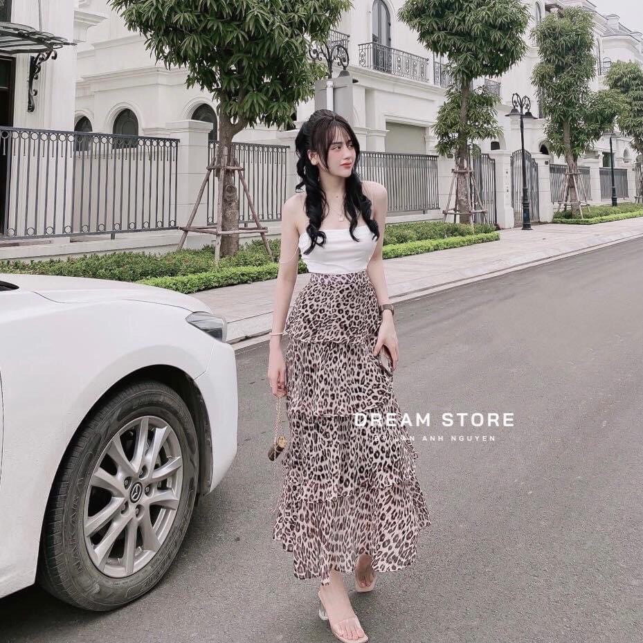 Sét Chân Váy Da báo  Kèm Áo Hai Dây Siêu Xinh