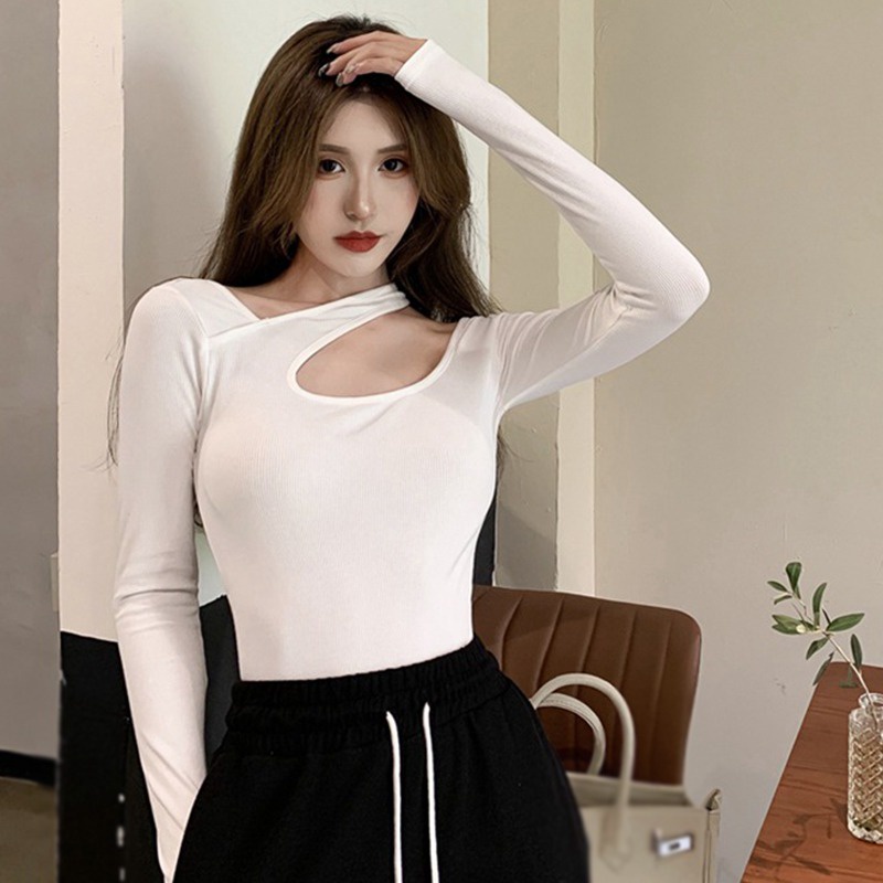 Áo thun tay dài trễ vai màu trơn gợi cảm thanh lịch cho nữ