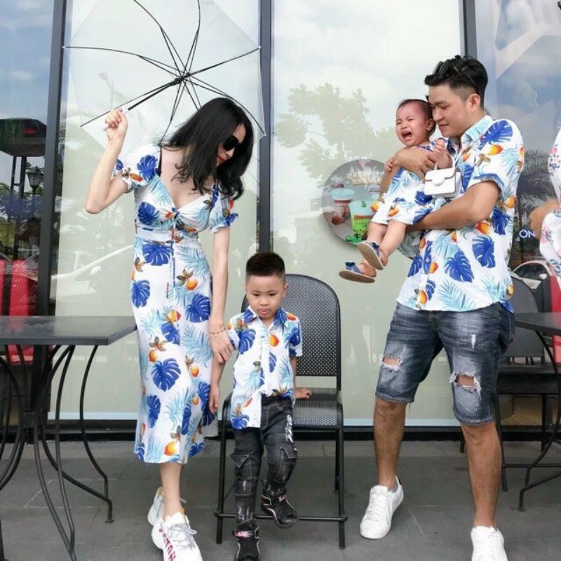 Set gia đình đi biển, đồng phục nhóm du lịch mẫu đào trắng