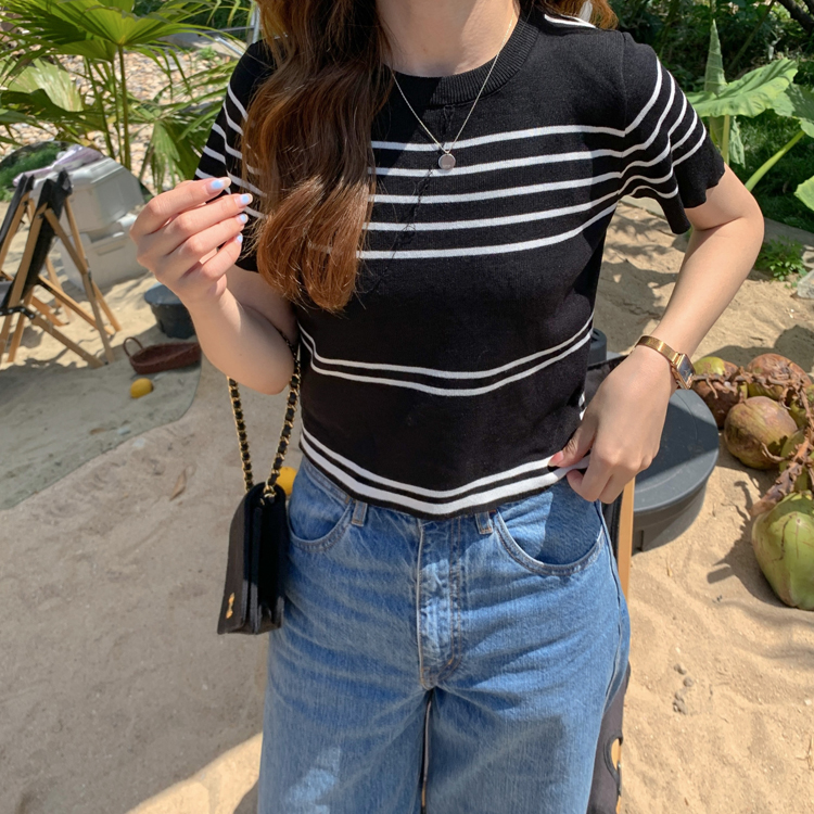 Áo thun dệt kim tay ngắn kẻ sọc phong cách mới thời trang cho nữ 43173