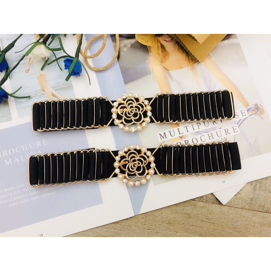 Dây nịt bản thun xếp ly hoa hồng viền hạt xung quanh cực sang chảnh bản 3cm mẫu hot