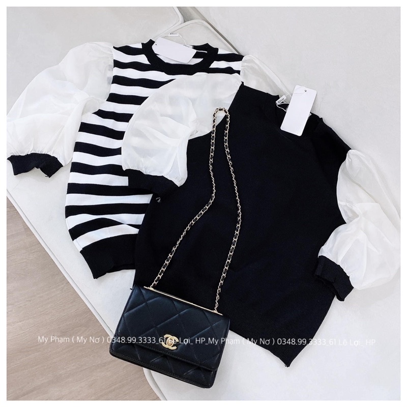 BÁN SỈ ÁO LEN CỔ TRÒN PHA TAY VOAN 2 MÀU ĐEN KẺ CHO NỮ | BigBuy360 - bigbuy360.vn