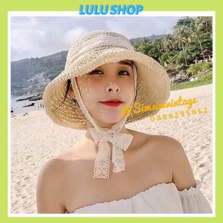 Mũ cói đi biển Tiểu Thư dây nơ - nón cói đi du lịch cột nơ ren cổ