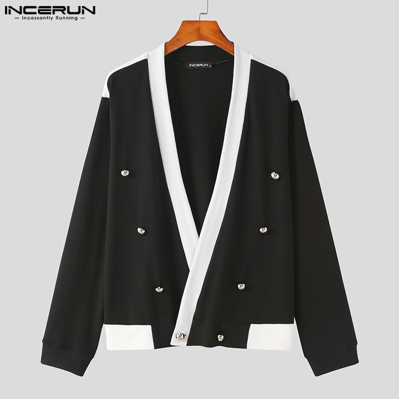 INCERUN Áo Khoác Blazer Dài Tay Không Cổ Phối Nút Thời Trang Cho Nam