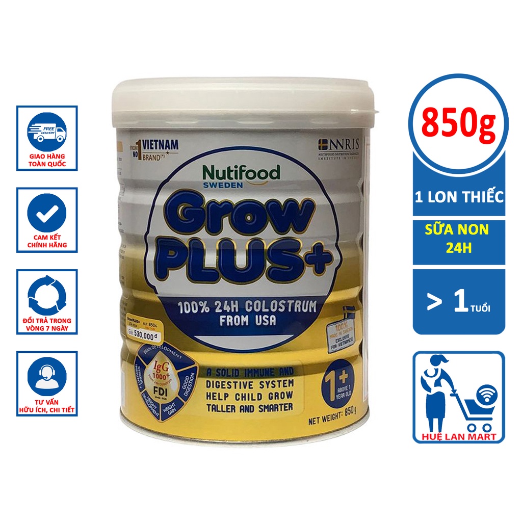Sữa bột Nutifood Thụy Điển Grow plus+ 100% sữa non 24h Colostrum từ Mỹ số 0+/1+ hộp 850g