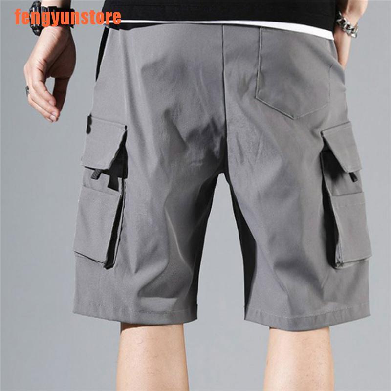 【llow】Mens Shorts Bermuda Cargo Multi-Pocket Pants Elastic Waist Knee Length Sho