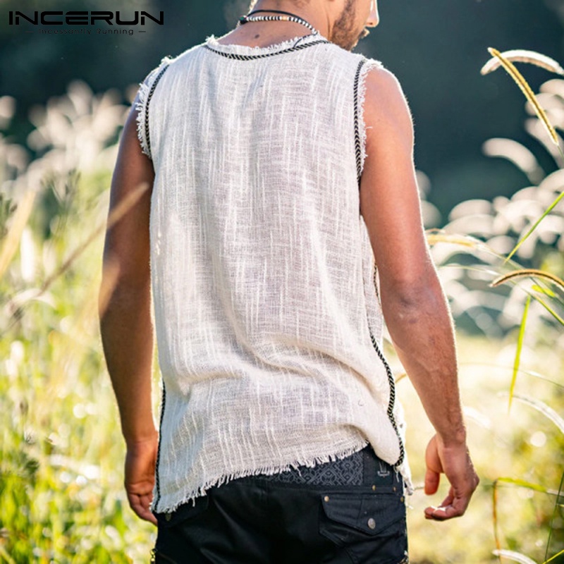 Áo INCERUN ba lỗ dáng rộng màu trơn phối tua rua kích thước S-5XL cho nam