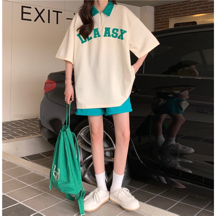 Áo polo Ngắn Tay Dáng Rộng Thêu Chữ Phối Khóa Kéo Kiểu Hàn Quốc Trẻ Trung Cho Nữ