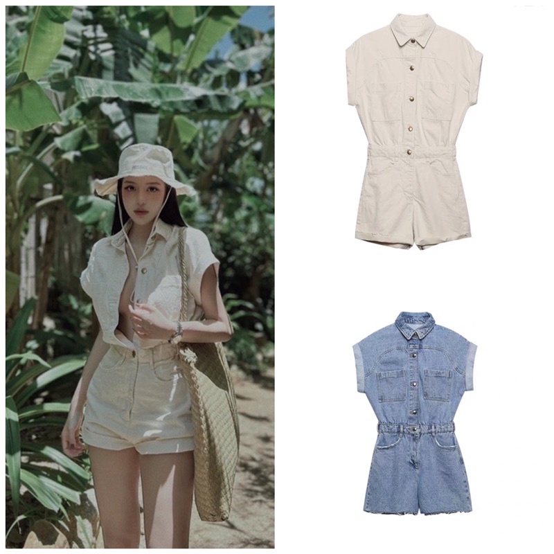 Jumpsuit Denim Dáng Ngắn Cộc Tay Cài Nút Set Jump Zara New 2022 Hot