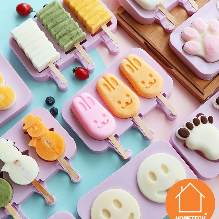 Khuôn làm kem que 3 ô tại nhà chất liệu silicone hình dáng siêu dễ thương tặng kèm que