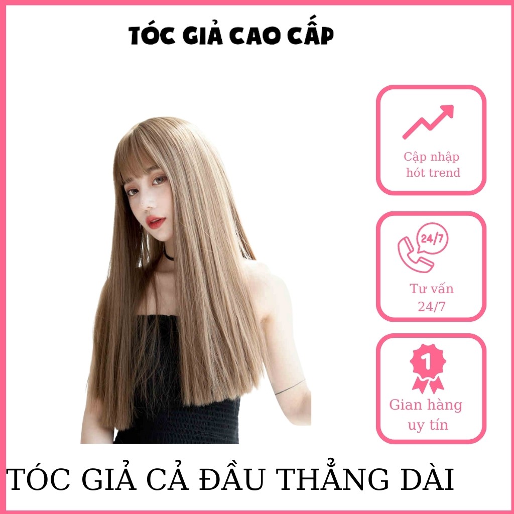Tóc giả nguyên đầu thẳng dài, tơ cao cấp, tặng kèm lưới trùm tóc, MS7007, wig