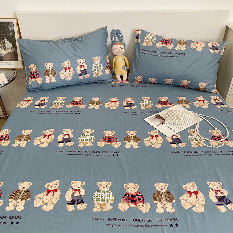 Set ga gối cotton poly gấu xanh mới vải nhập mềm mịn