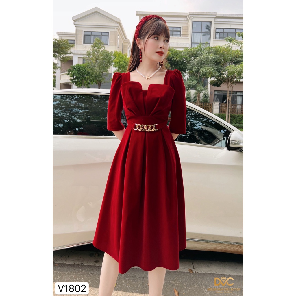 Váy nhung đỏ tay lỡ thiết kế V1802 - DOLCE VIVA COLLECTION (có video)