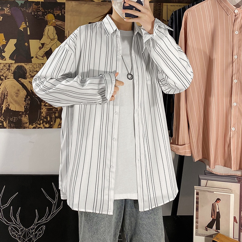 Áo sơ mi cổ đứng tay dài dáng rộng kẻ sọc thoáng khí chống nhăn chất lượng cao cho nam