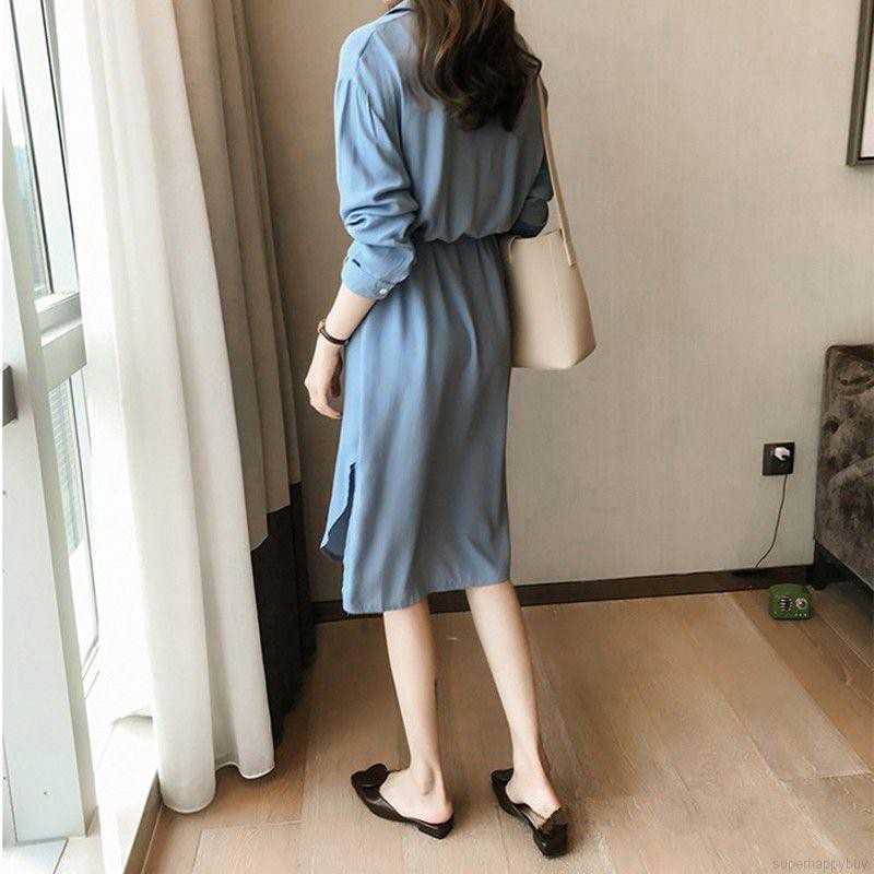 Đầm sơ mi cổ bẻ dài tay dáng rộng màu trơn thời trang cho nữ