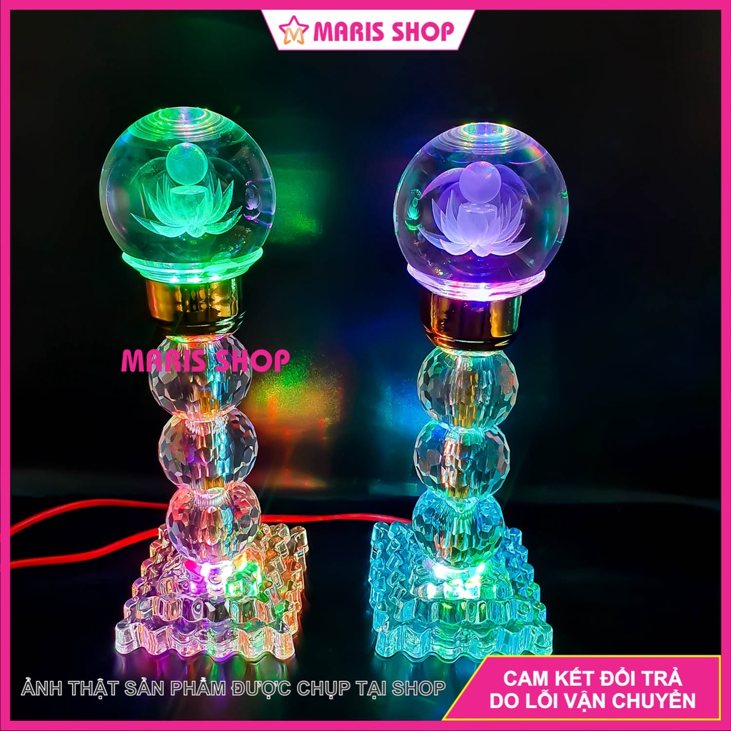 Đèn thờ cầu pha lê bông sen nguyên khối cao 27cm LED đổi màu cao cấp để bàn thờ