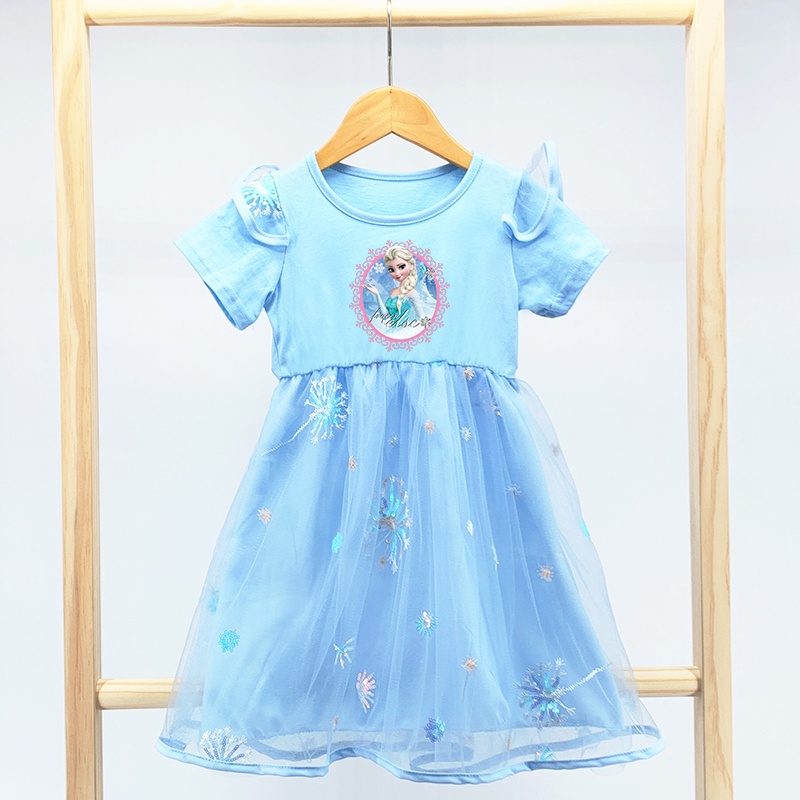 Đầm Công Chúa Elsa Anna Frozen 2 Bằng Cotton Tay Ngắn Phối Lưới Kiểu Hoạt Hình Cho Bé Gái