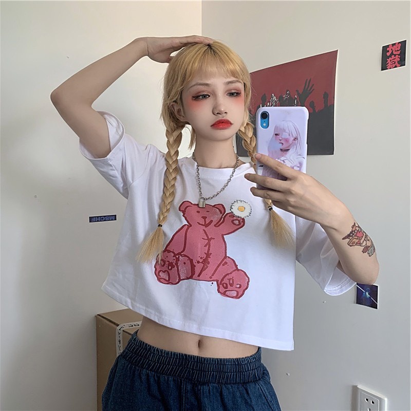 Áo thun nữ Croptop in hình gấu bông, form rộng, vải cotton dày dặn,co giãn 4 chiều, thấm hút mồ hôi siêu thoáng mát