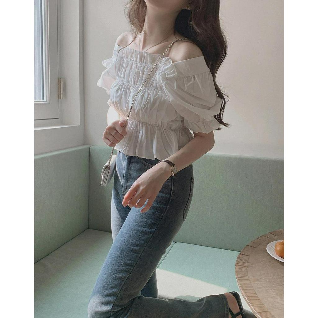 Áo Kiểu Trễ Vai Cổ Vuông Xếp Ly Tay Ngắn 51080