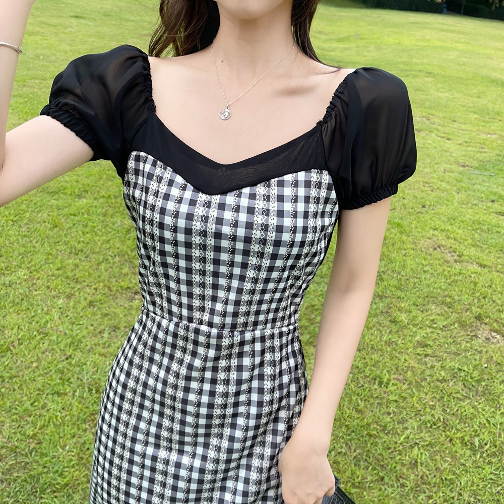 Đầm dài ZHELIHANGFEI tay ngắn họa tiết sọc caro phong cách cổ điển