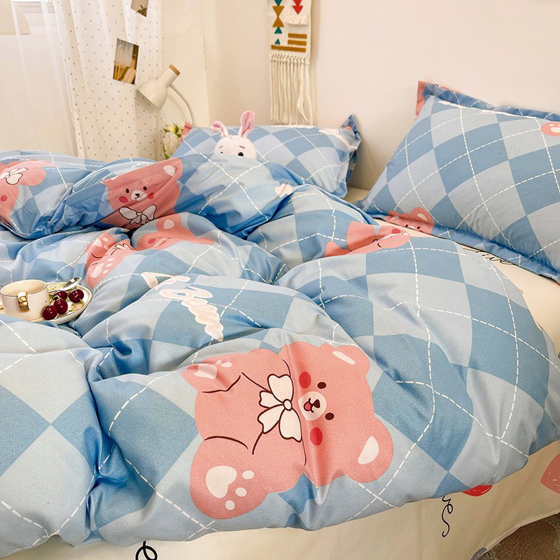 Bộ chăn ga gối cotton poly - Mẫu gấu con thoi.