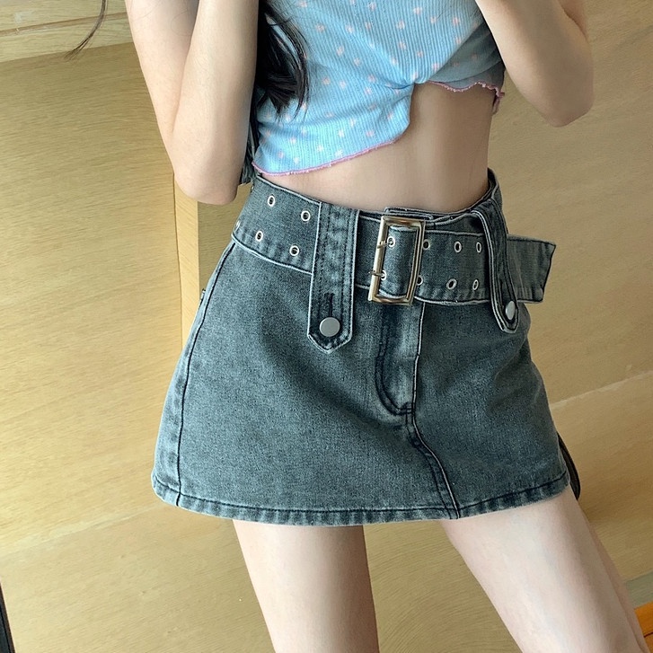 QADCOL Quần short jean giả váy chữ A lưng thấp thời trang