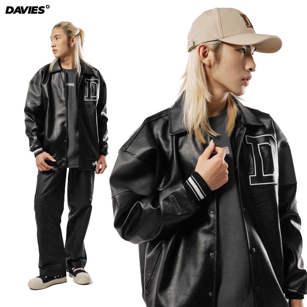 Áo khoác bóng chày da thêu logo Davies màu đen BMG Leather Varsity Jacket |D22-AK4