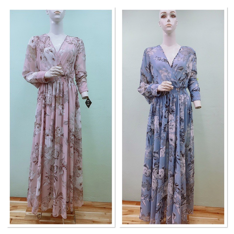 Đầm voan maxi cổ đắp chéo dài tay KATE&LILY