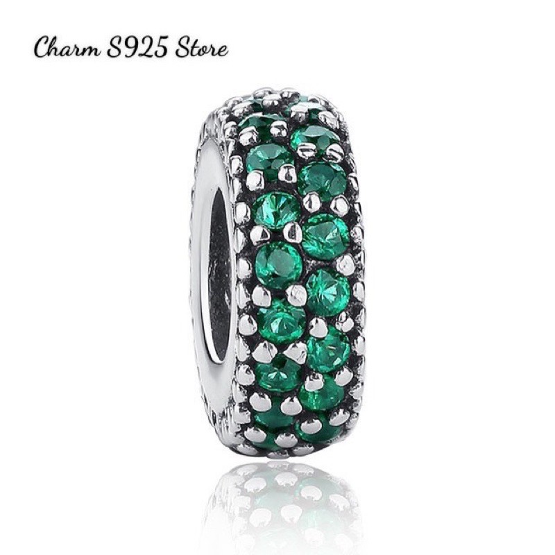 charm pan dẹt spacer đính đá xanh lục bạc s925 cao cấp