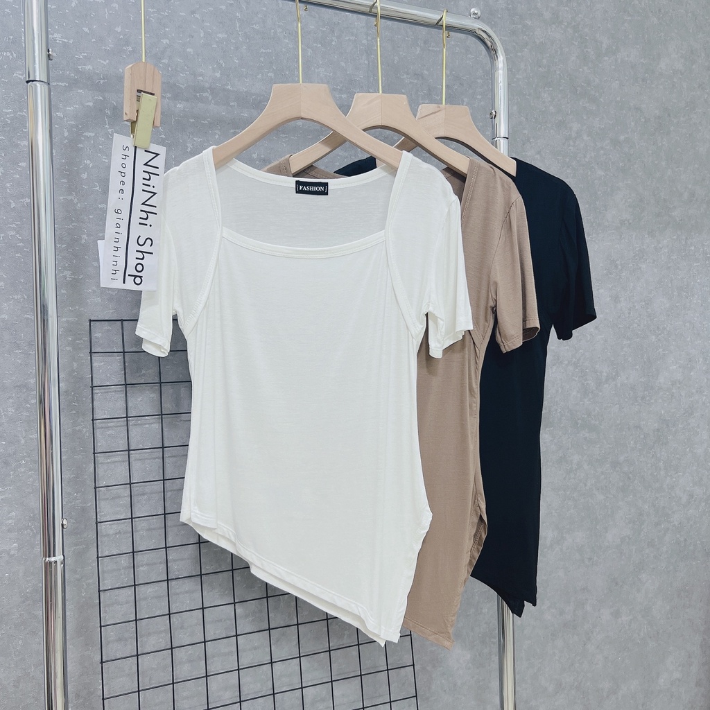 Áo thun nữ dáng ôm cổ vuông vạt lệch nhọn, Áo kiểu thun dẻo co giãn AT12 - NhiNhi Shop