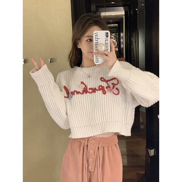 Áo sweater dệt kim cổ tròn dáng rộng in chữ kiểu Hàn Quốc dễ thương dành cho phụ nữ