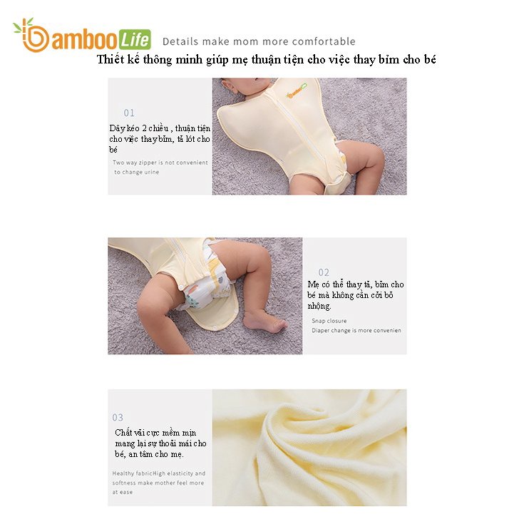 Nhộng chũn hở chân sợi tre Bamboo Life túi ngủ cho bé BL100 giúp bé ngủ ngon, không giật mình