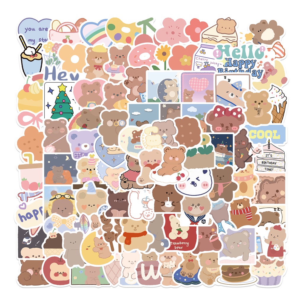 Set 100 chiếc sticker chống thấm nước gấu dễ thương đồ ăn nữ sinh chibi dán vali, laptop, nón bảo hiểm
