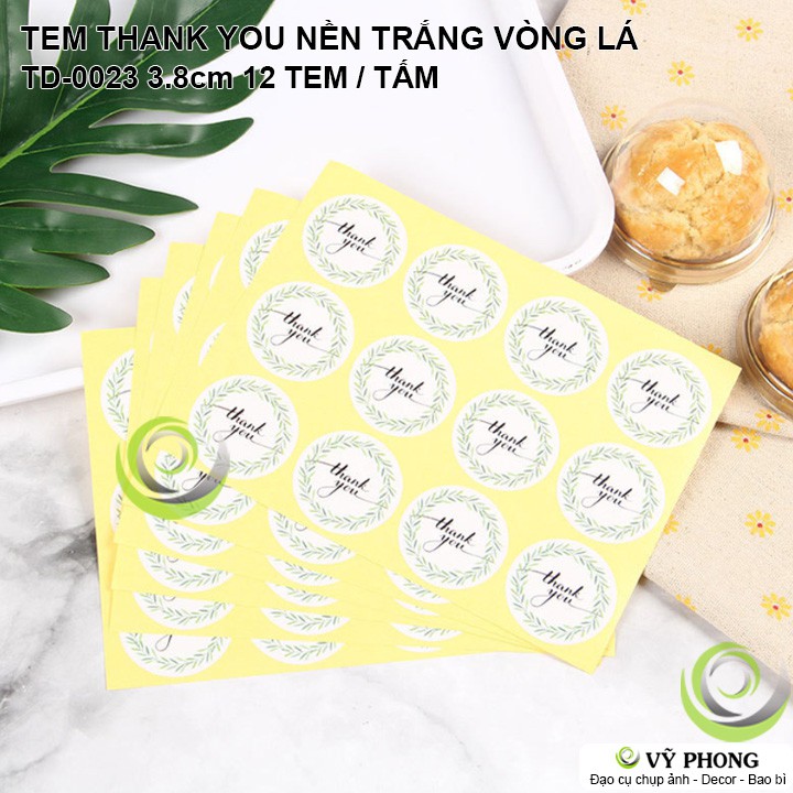 TEM DÁN STICKER THANK YOU NỀN TRẮNG VÒNG LÁ NIÊM PHONG TRANG TRÍ  HỘP BAO BÌ QUÀ TẶNG TD-0023