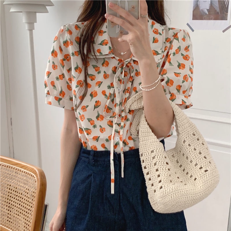 SUXI Áo Sơ Mi Tay Ngắn Dáng Rộng In Họa Tiết Phong Cách Hàn Quốc Xinh Xắn