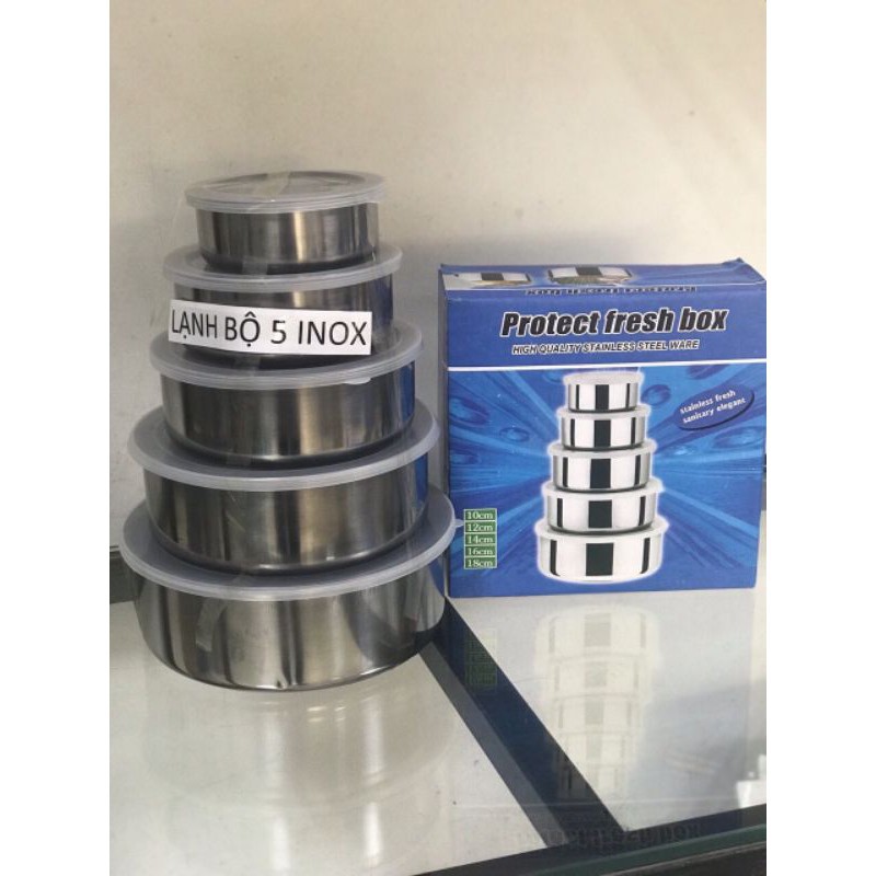 Bộ 5 thố INOX có nắp đậy. Bộ 5 hộp inox để đồ tủ lạnh. Đường kính: 10, 12, 14, 16, 18cm.