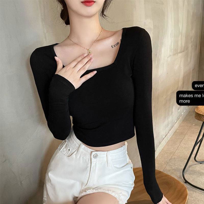 Áo thun YEYA cổ vuông dài tay hở rốn dáng ôm thời trang cho nữ