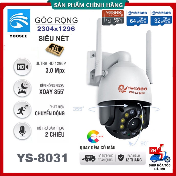Camera WIFI Yoosee Ngoài Trời PTZ 2K [1296P] Siêu nét, góc rộng, Xoay 355°, Quay đêm có màu -Bảo Hành 12 Tháng (1 đổi 1)