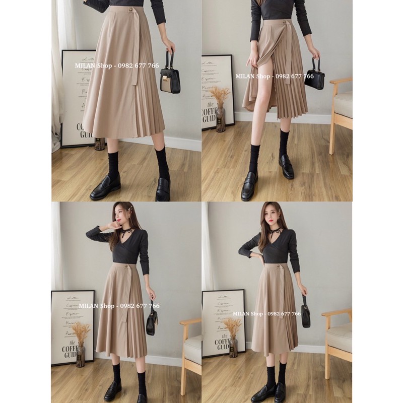 Chân váy dài qua gối phối dập ly midi thời trang mới