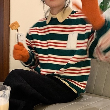 ZHELIHANGFEI Áo Thun Tay Dài Cổ Tròn Họa Tiết Kẻ Sọc Theo Phong Cách Retro Mỹ Dễ Phối Đồ