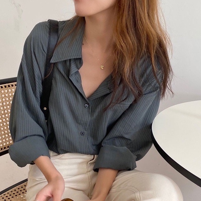 (Sẵn) Áo sơ mi nữ - áo sơ mi kẻ thanh lịch kiểu dáng Hàn Quốc