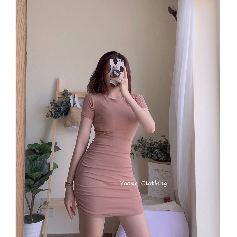 [Mã SKAMSALEP6 giảm 10% tối đa 100K đơn 150K] Váy Body cổ tròn nhún hông TAY CỘC [ ẢNH THẬT SHOP CHỤP ] | BigBuy360 - bigbuy360.vn