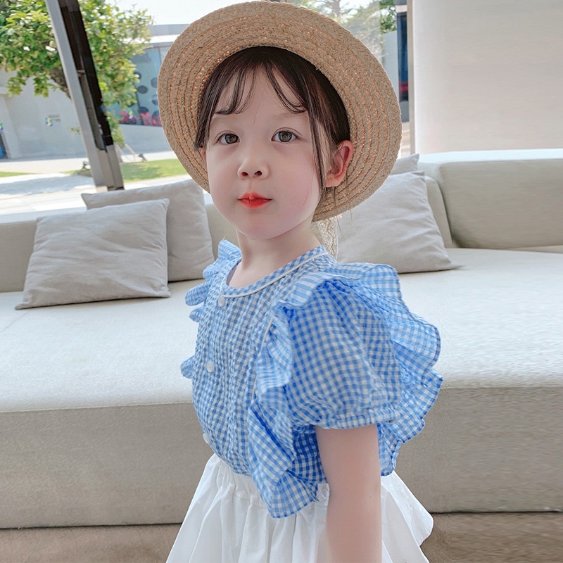 Bộ Quần Áo Bé Gái Thiết Kế chất thô đũi mềm đẹp❤quần váy trắng +áo kẻ xanh siêu xinh