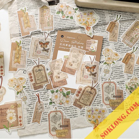 Sticker hoa và tranh/ thiệp vintage Sổ KLONG, sitcker hình tag list tùy chọn trang trí bullet journal