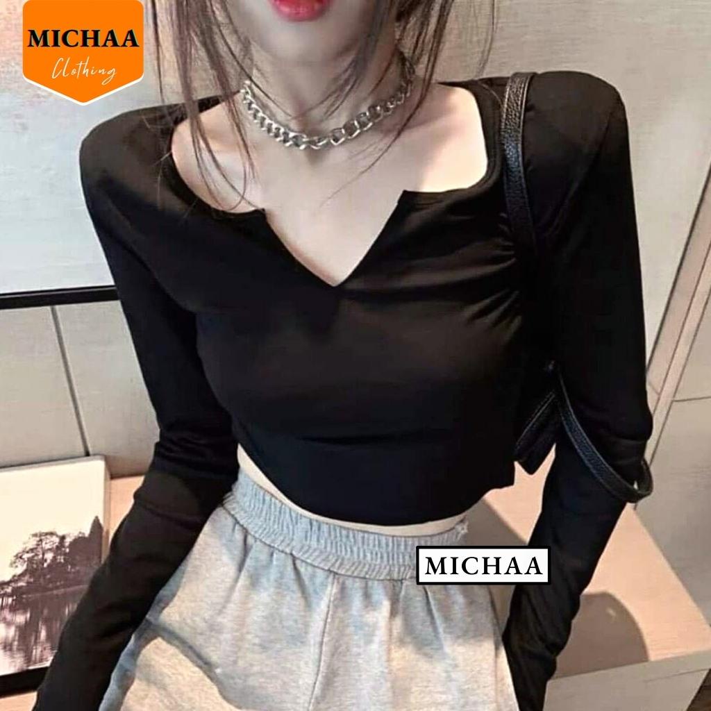 Áo Croptop Cổ KHOÉT CHỮ V Tay Dài Nữ Thun Borip Phong Cách Gợi Cảm - MICHAA